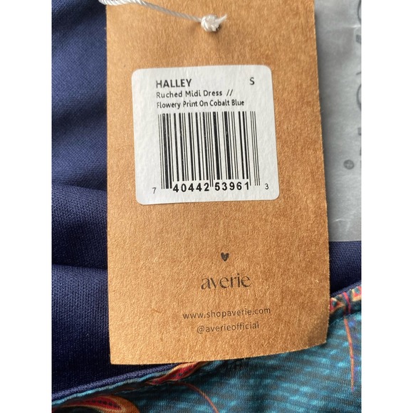 Averie Halley Ruched Midi Dress Flowery Print on Cobalt Blue Size Small - NEW - Picture 8 of 13